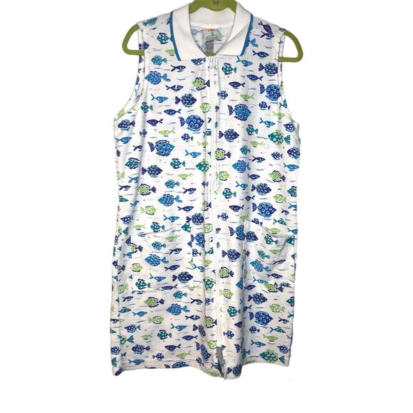 Tropical Escape Vintage Fish Sleeveless Collared Zip Front Coverup Dress large - Picture 1 of 7